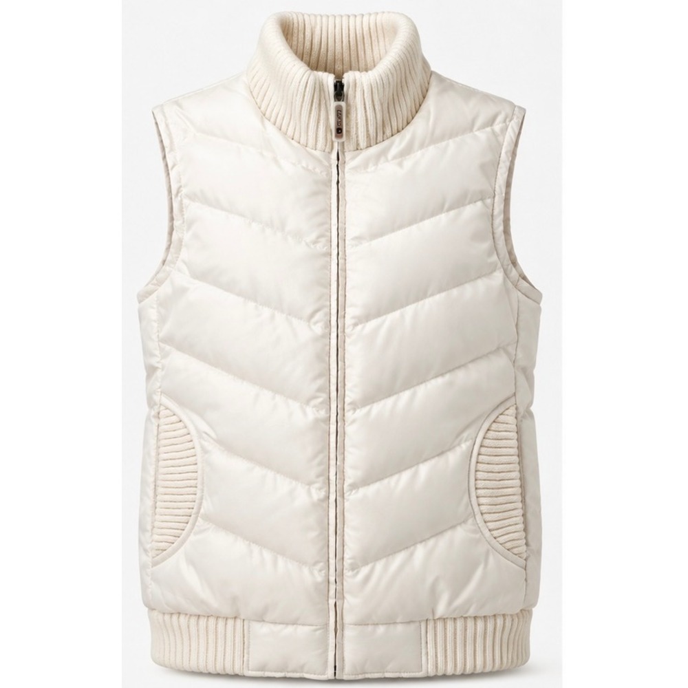 Burton Off White Goose Down Puffer Vest Ribbed Trim Chevron Quilt Large